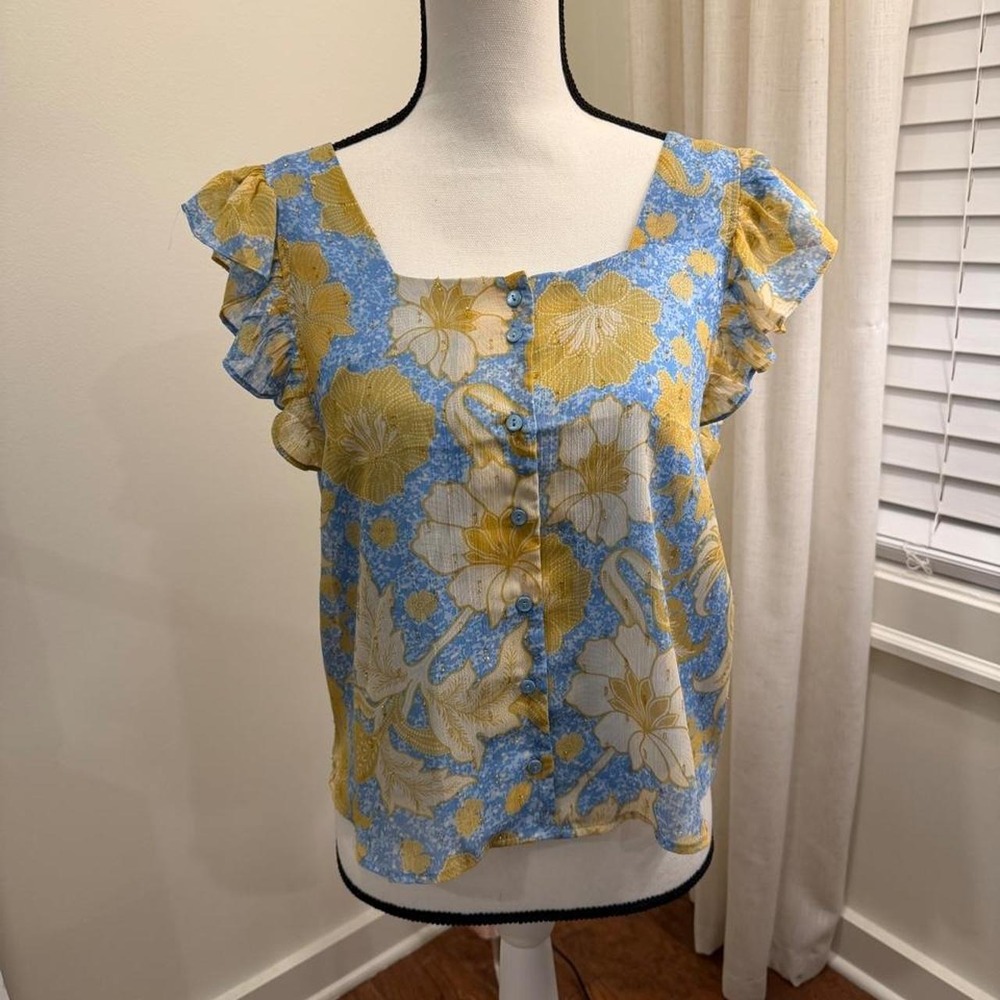 Eliane Rose Floral Ruffle Sleeve Button Front Blouse Blue Yellow XS